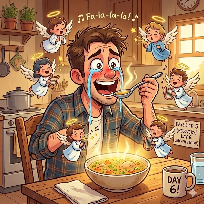 Cartoon of a man crying tears of joy while eating his first spoon of chicken broth with angels singing around him