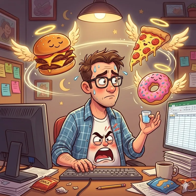 Cartoon of a man at his desk with flying food temptations circling his head