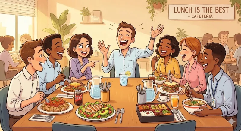 Cartoon of coworkers laughing at lunch while one guy with just water is having the best time