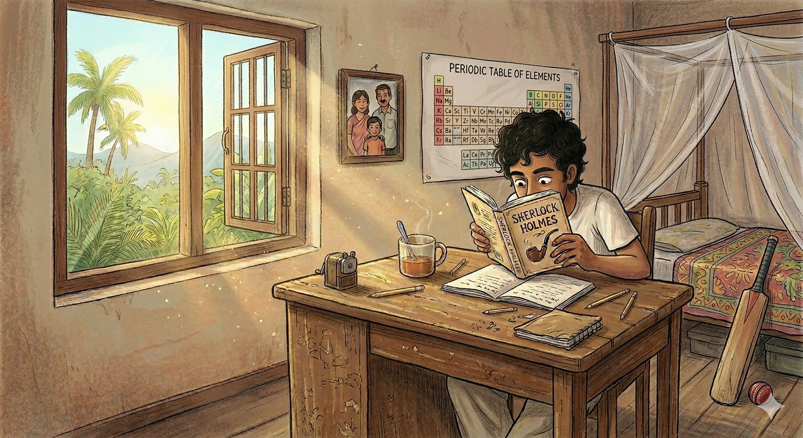 Cartoon of a young man at a childhood desk in Sri Lanka, absorbed in a Sherlock Holmes paperback
