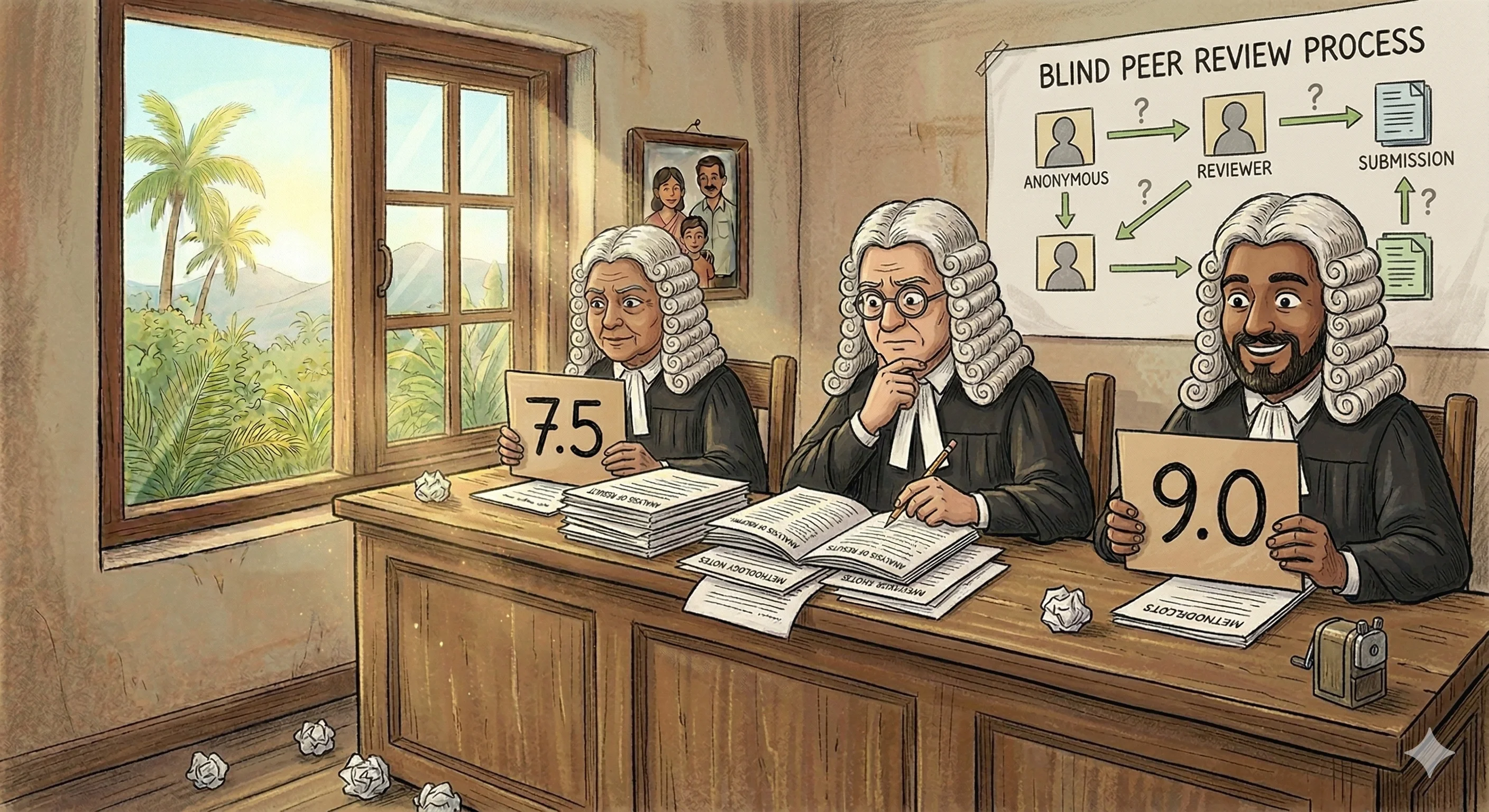 Cartoon of three judges in wigs holding up scorecards with different numbers, reviewing a stack of articles