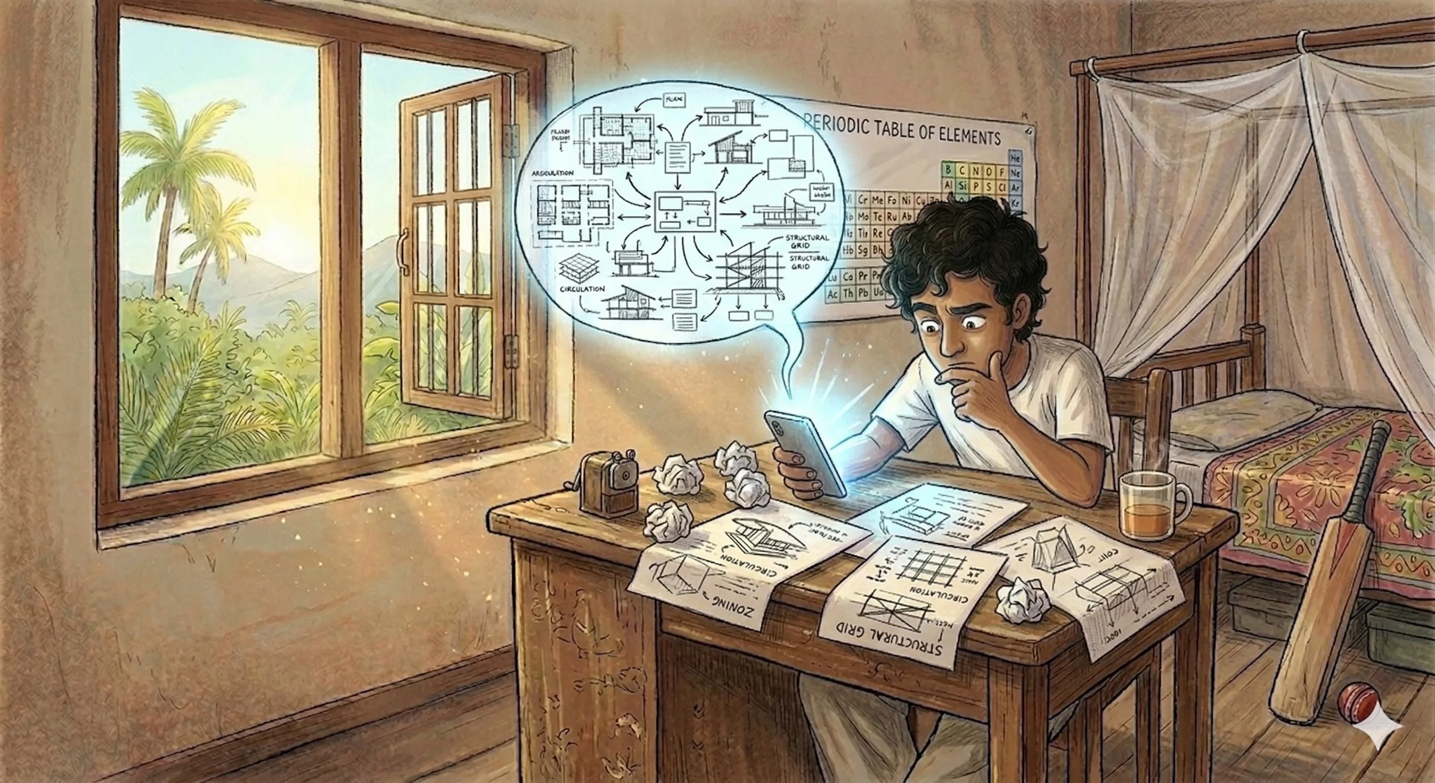 Cartoon of a man at his desk holding a phone, with architecture diagrams flowing out of the screen