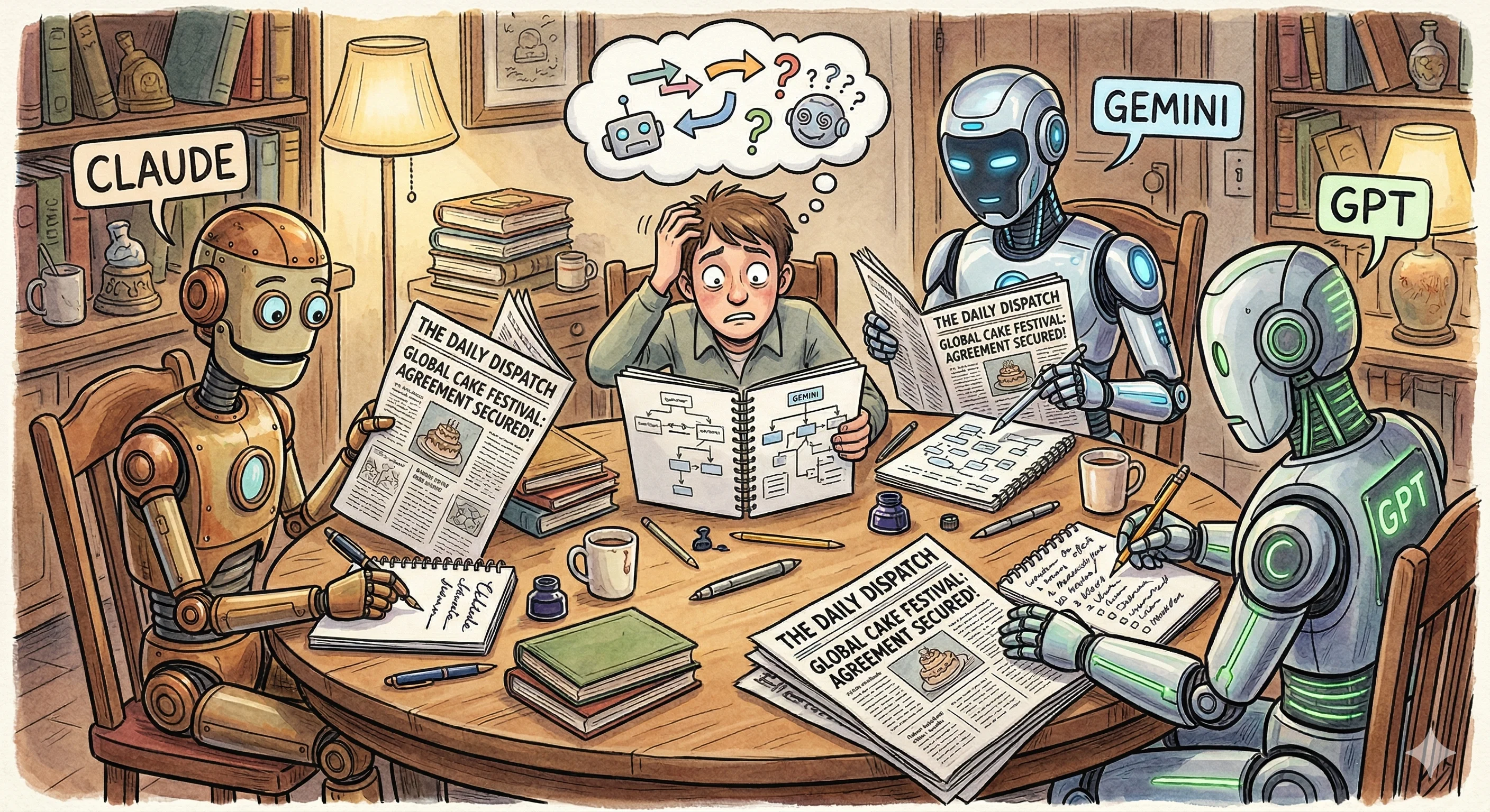 Cartoon of three robot characters labelled Claude, Gemini and GPT reading the same newspaper and taking notes in their own notebooks