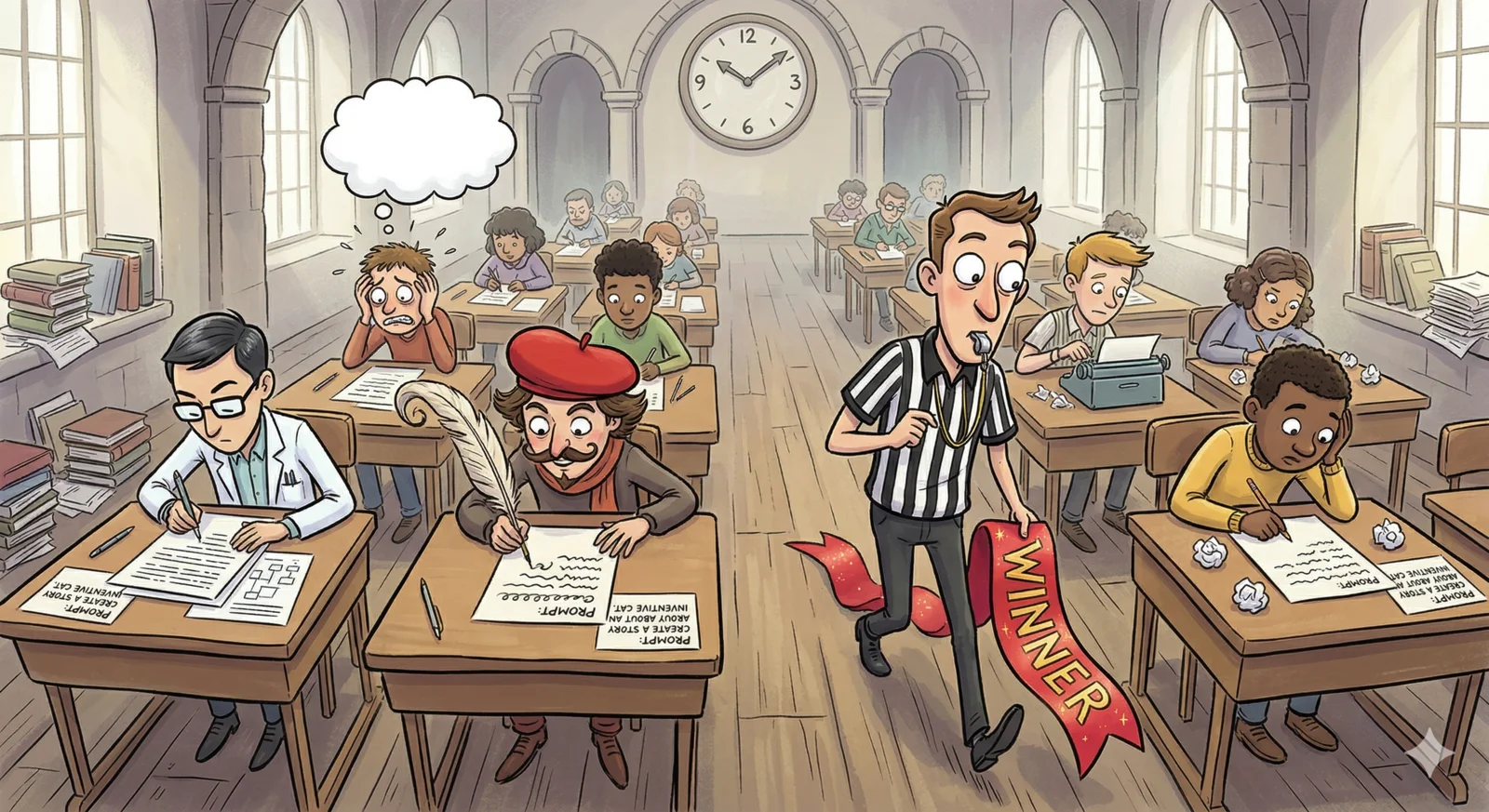 Cartoon of a school exam hall from above with rows of writers at desks working on the same prompt while a judge walks between them