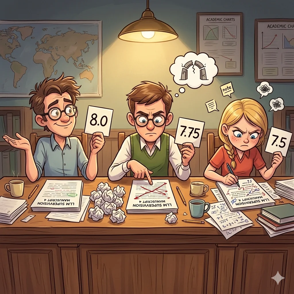 Cartoon of three judges at a panel desk holding up scorecards with different numbers, each reviewing the same manuscript