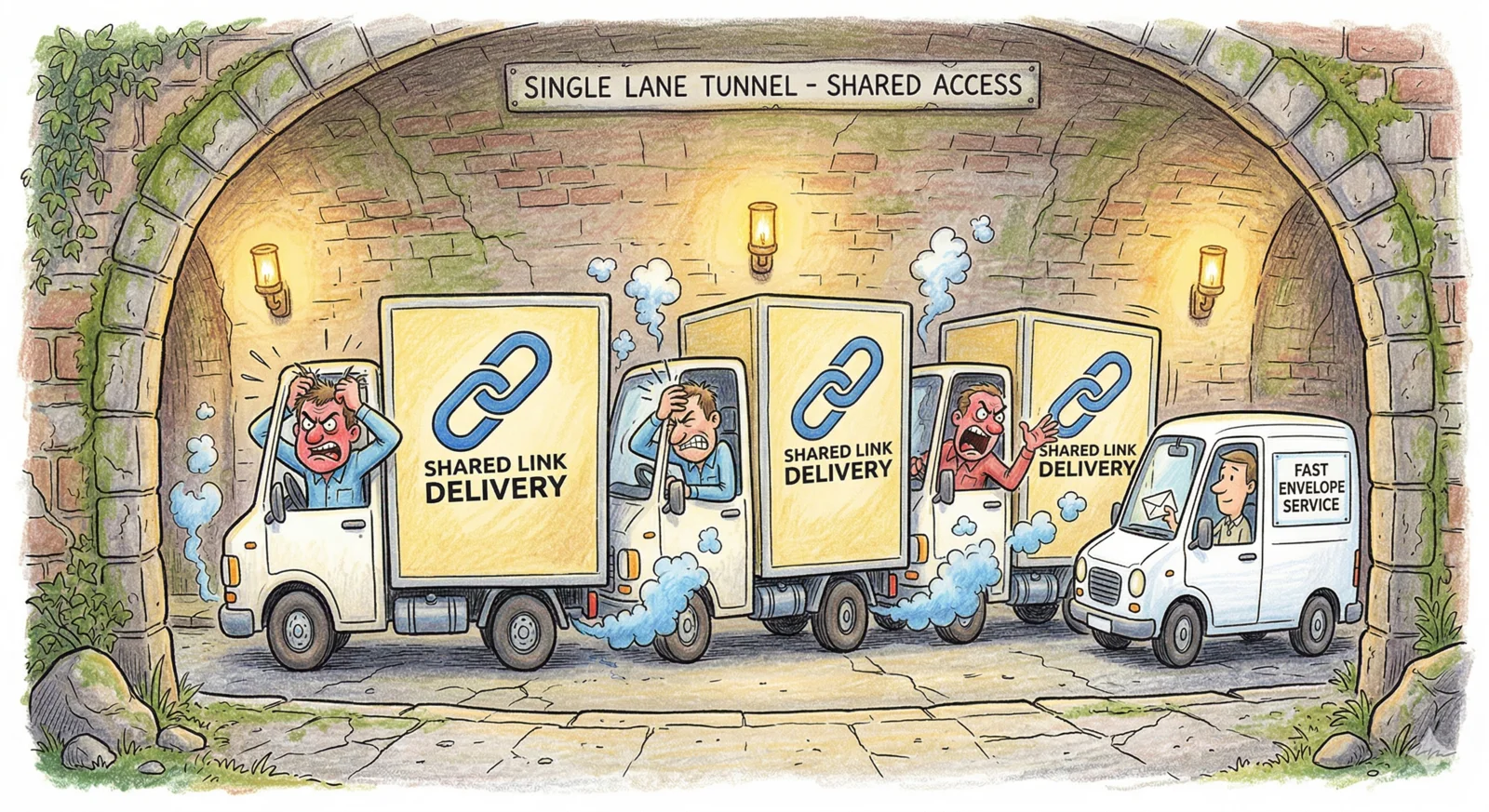 Cartoon of three identical delivery trucks stuck nose-to-tail in a narrow tunnel while a small van waits patiently behind them