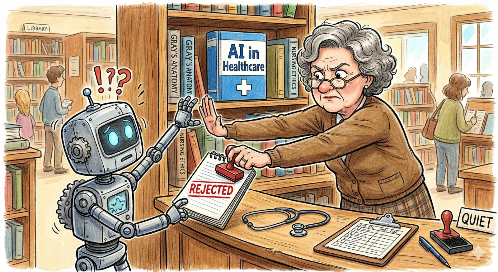 Cartoon of a stern librarian blocking a confused robot from reaching a medical textbook labelled AI in Healthcare