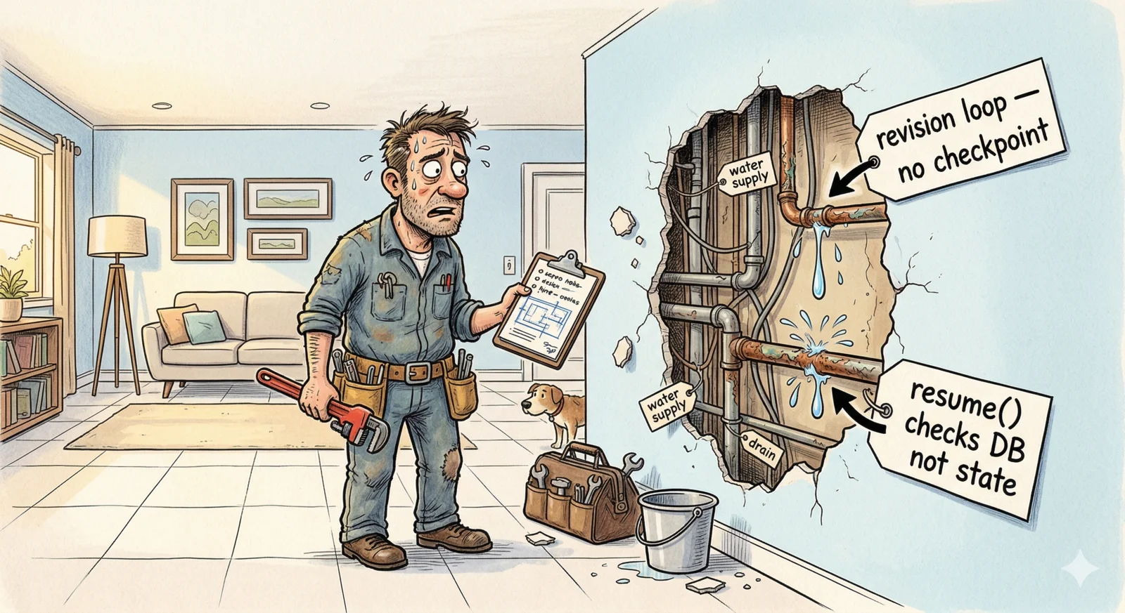 Cartoon of a plumber discovering two leaking pipes inside the wall of an otherwise beautifully finished house, each tagged with a bug name