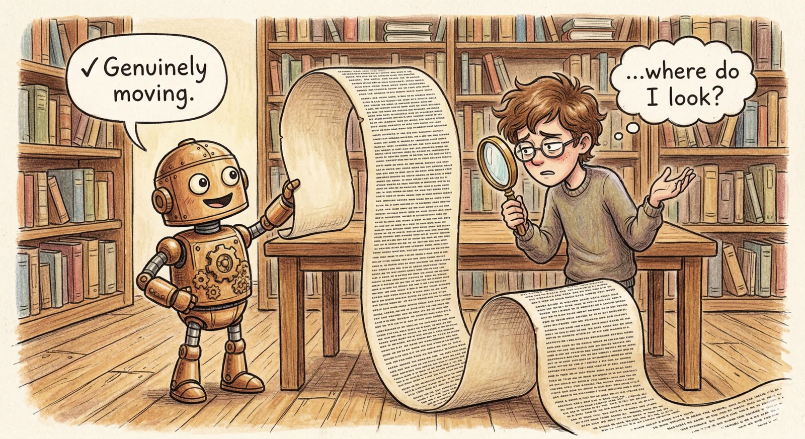 Cartoon of a proud robot handing a towering scroll of dense text to a tired-looking reader who looks politely overwhelmed