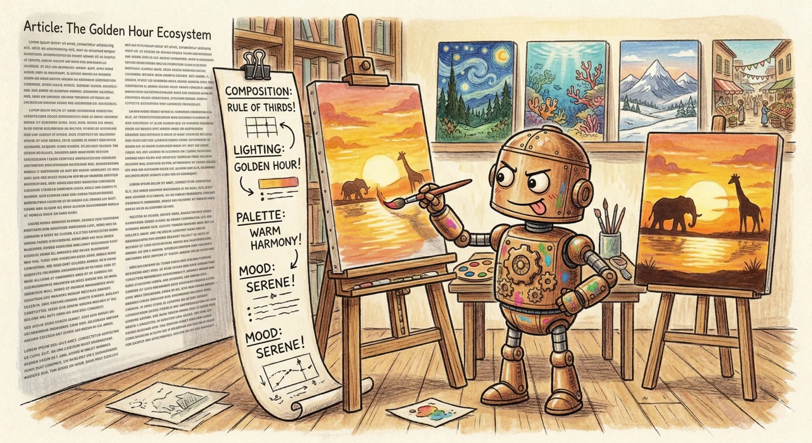 Cartoon of a small robot standing at an easel painting a landscape, with a scroll of structured prompt notes clipped to the easel
