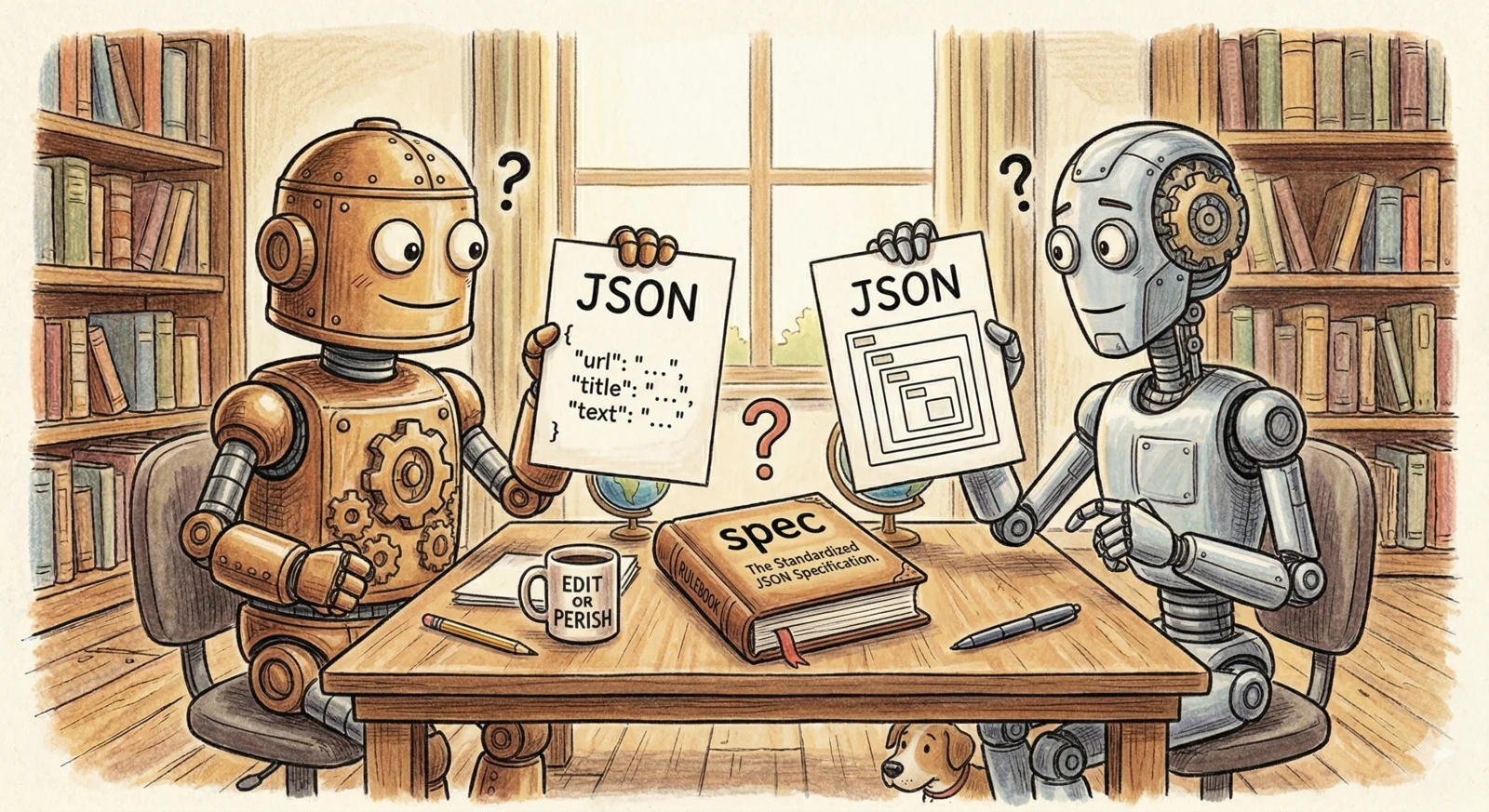 Cartoon of two robots at a table each holding a different version of the same JSON document — one flat, one nested — looking equally confused