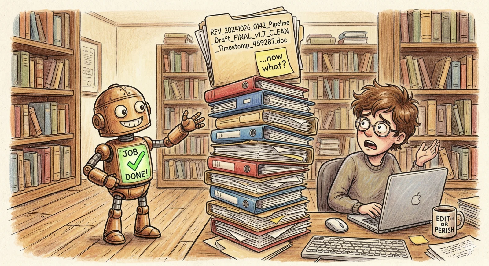 Cartoon of a robot proudly presenting a chaotic pile of files and folders to a bewildered web editor