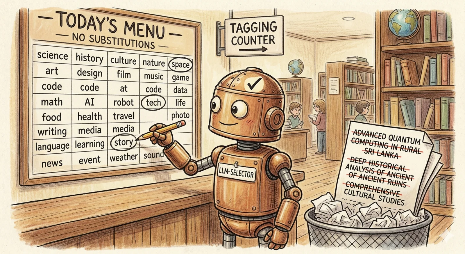 Cartoon of a robot at a counter studying a fixed menu board of 30 short words, circling just three, with a bin of rejected long keywords beside it